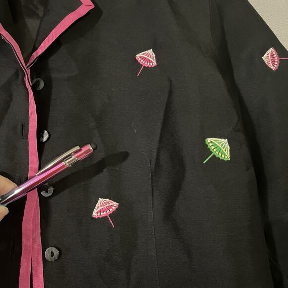 Silk Land Embroidered Silk Jacket Black Pink Parasol Design Womens Sz 4 - Picture 7 of 12